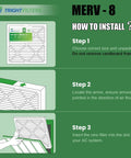 Installation guide for 10x10x1 Air Filter 6 Pack, Durable MERV 8 Pleated HVAC Replacement For Your Home AC Furnace with three-step instructions.