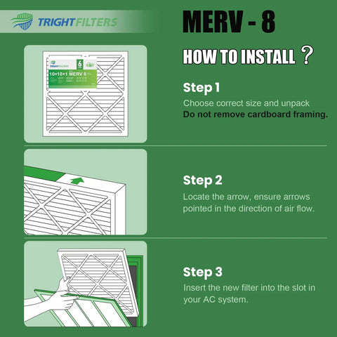 Installation guide for 10x10x1 Air Filter 6 Pack, Durable MERV 8 Pleated HVAC Replacement For Your Home AC Furnace with three-step instructions.