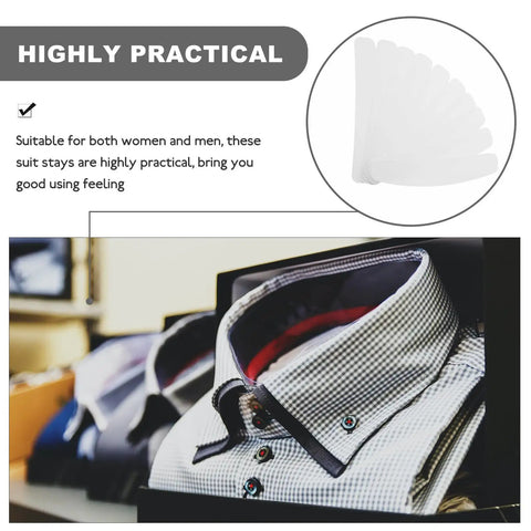 Heavy Duty Plastic Collar Stays To Lock Your Shirt Clean And Keep It Crisp All Day 10 Pack Unisex Suit Accessories Ideal For Offices Weddings And Game Ready Fits displayed with checked dress shirts.