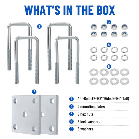 Square U Bolt Kit For Trailer Leaf Springs And Boat Trailers, Heavy Duty Zinc Coated, includes U bolts, plates, nuts, washers.