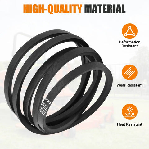 816-116C Replacement Mower Deck Belt with heavy-duty rubber and reinforced fibers, shown with wear and heat resistance features.
