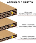 Image showing applicable carton types for Pneumatic Handheld Carton Sealer Tool with nail sizes for various layers.