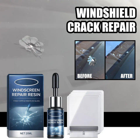 Two Pack Windshield Chip Repair Kit With Glass Repair Resin for fixing windshield cracks and chips, before and after comparison shown
