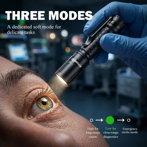 Compact 3 Mode LED Flashlight With Clip for EDC used in eye inspection with glove, highlighting its utility and size.