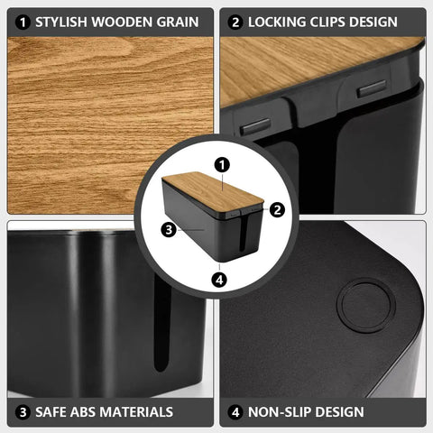 Large Wood Grain Cable Management Box with wood grain lid, clips design, safe ABS, non-slip base for home and office use.