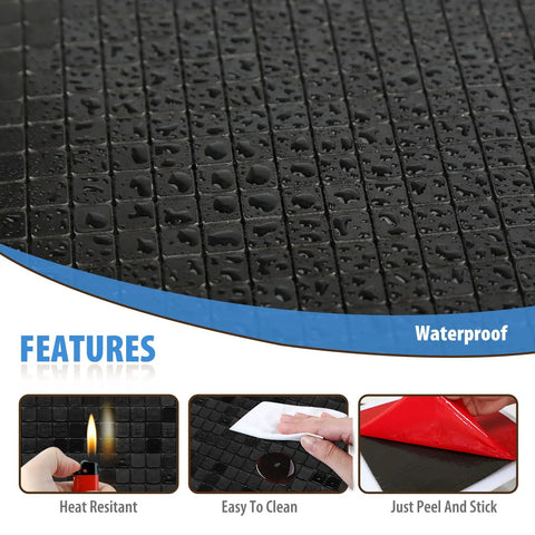 Peel And Stick Metal Backsplash Tile 10 Sheets For Kitchen And Bathroom Or Fireplace Plaid Brushed Black Aluminum PVC Composite Slick Self Adhesive Easy Install Anti Scratch Fade Resistant with water drops emphasizing waterproof feature