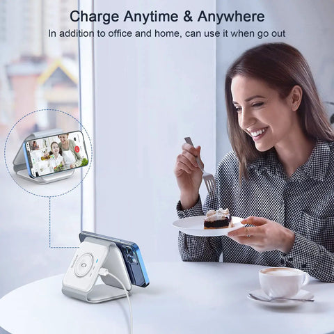 Woman using 3 In 1 Magnetic Wireless Charger Station For iPhone 16 15 14 13 Pro Max, Apple Watch, AirPods Pro, GaN Fast Charge