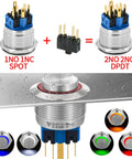 25mm UL Listed Momentary Push Button Switch With High Round Head 2NO2NC DPDT SPDT Stainless Steel Shell 12V LED Angel Eye Ring