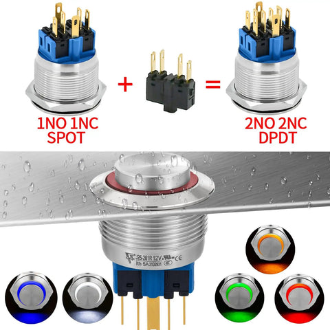 25mm UL Listed Momentary Push Button Switch With High Round Head 2NO2NC DPDT SPDT Stainless Steel Shell 12V LED Angel Eye Ring