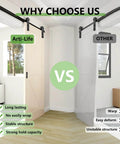 Side-by-side comparison of two sliding barn door setups with Beefed Up 6Ft Sliding Barn Door Hardware Kit With Smooth And Quiet Operation Easy Install With Adjustable Floor Guide Door Hook And Two Handles Fits Doors 1 3 8 To 1 3 4 Inch Thick I Shape Hangers For Ultra Solid Sliding Doors.