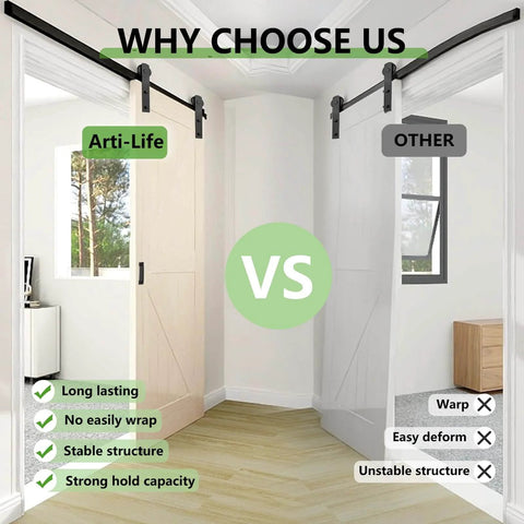 Side-by-side comparison of two sliding barn door setups with Beefed Up 6Ft Sliding Barn Door Hardware Kit With Smooth And Quiet Operation Easy Install With Adjustable Floor Guide Door Hook And Two Handles Fits Doors 1 3 8 To 1 3 4 Inch Thick I Shape Hangers For Ultra Solid Sliding Doors.