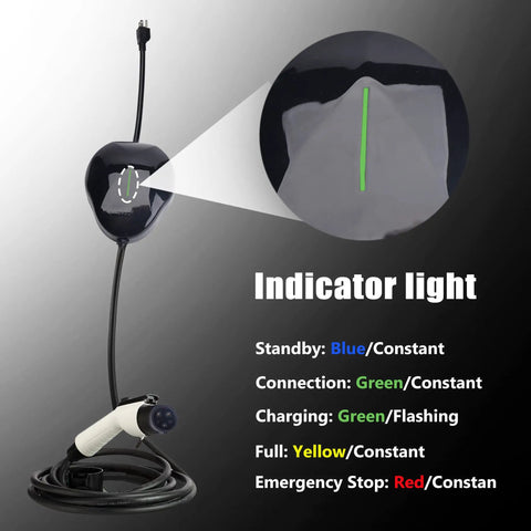 Portable Level One EV Charger With Twenty Five Foot Cord And 110 Volt Nema Socket For Hassle Free Home Charging Station Compatible With Sae J1772 Electric Cars showing indicator light functions.