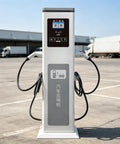 Smart EV Charger Commercial Charging Station With Dual Port Design For Fleet Parking And Business Lots Featuring Network Ready Setup and angled view showing dual connectors.