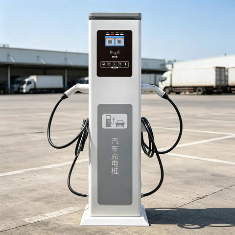 Smart EV Charger Commercial Charging Station With Dual Port Design For Fleet Parking And Business Lots Featuring Network Ready Setup and angled view showing dual connectors.