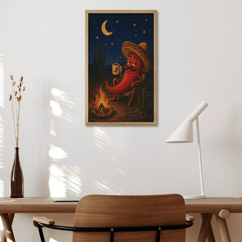Framed Desert Camp Pepper Diamond Art Kit For Adults Complete DIY Diamond Painting Set with a chili campfire scene on wall