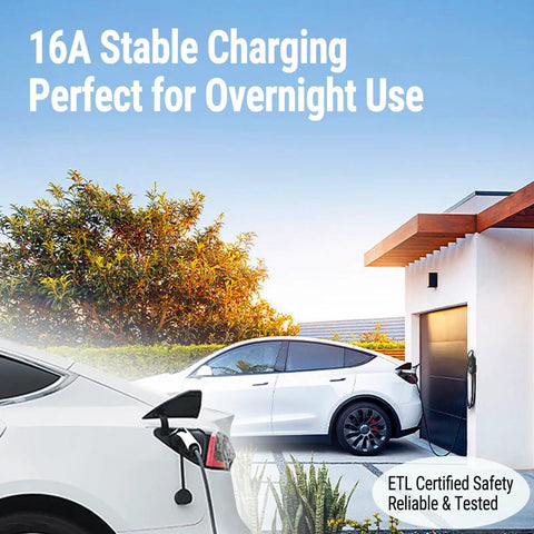 No Sweat Portable Ev Charger With Level 1 And 2 Dual Voltage Setup, showcasing 16A charging near a modern home.