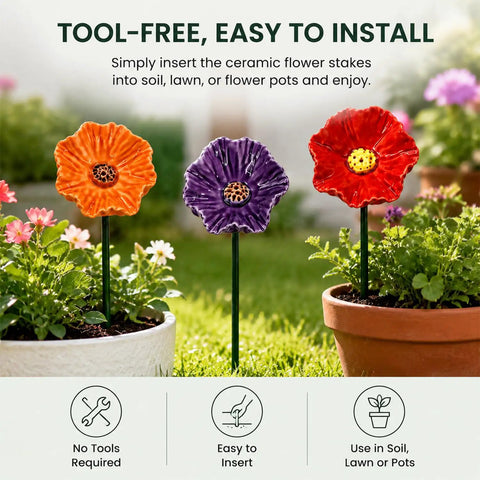 Handmade Ceramic Mini Pollinator Watering Station For Outdoor Gardens in three colors, installed in flower pots.