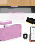 Zero Hassle Smart Cabinet Locks For Baby Proofing Featuring Concealed Install And Drill Free Setup RFID NFC Bluetooth Keyless Drawer Fastener Keeps Kiddos Locked Tight Straight Up Pink, showcasing the lock mechanism with a smartphone and cards.