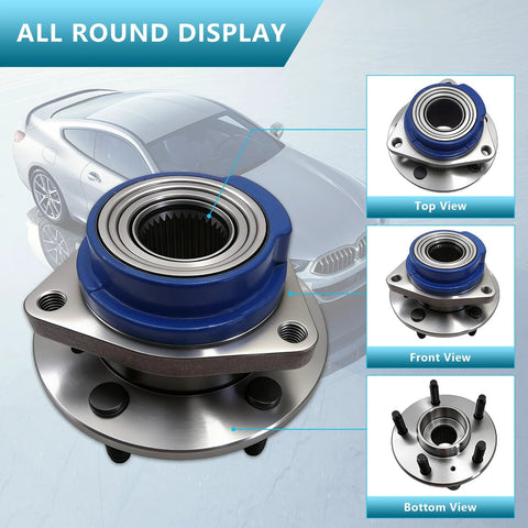 Swap Ready Front Wheel Hub Bearing Assembly 513203 Fits Buick Allure Century Lacrosse Regal Rendezvous Impala Monte Carlo Venture Pontiac Aztek Grand Prix Montana Without ABS, displayed in top, front, and bottom views.