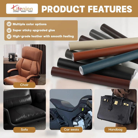 Leather Repair Patch Kit Self Adhesive 17x79 Inch Large Vinyl Patch Tape shown with color options for various furniture uses.
