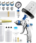 Pro Grade HVLP Spray Gun Kit With Six Hundred Fifty Ml Mixing Jar showing various nozzles, a pressure gauge, and cleaning tools.