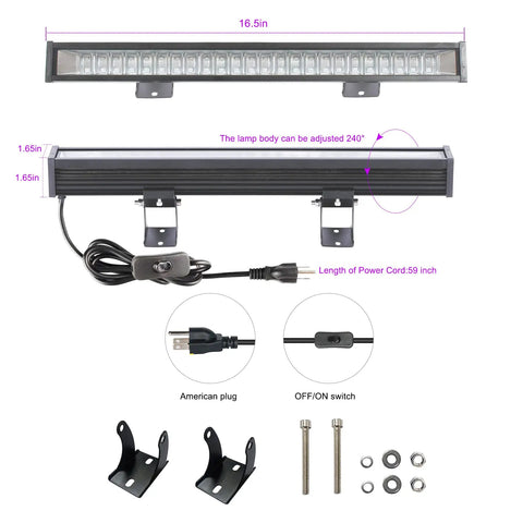 Two Pack 30W Black Light Bars With 24 LED Chips Each For Glow Parties And UV Night Lighting, 5Ft Plug And Switch, components shown