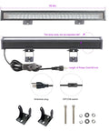 30W LED Black Light Bar For Glow Parties And Halloween, 5ft With Plug And Switch, showing dimensions and accessories