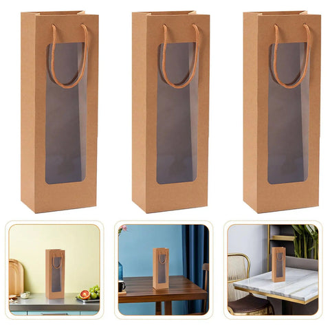 Kraft Paper Wine Bags With Window And Handles 24 Pack shown with clear window and rope handles on tables