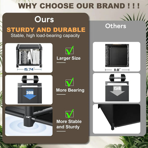 Comparison chart showcasing 12-Cube Metal Book Shelf Storage Organizer DIY Bookcase with stability and size advantages over others.