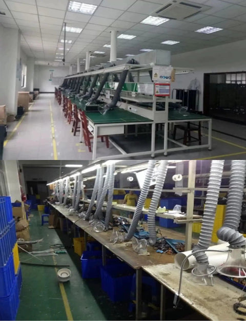 Portable Soldering Fume Extractor With Flexible Nylon Hose And Dual Wing Clamps setup on workbenches in a factory for toxic smoke capture.
