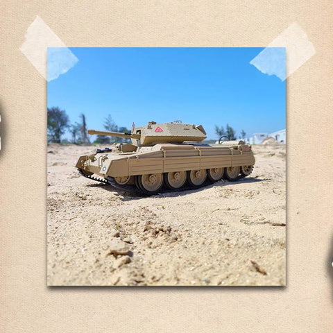 RC British Crusader Tank 1/16 Scale With Metal Upgrades And 2.4G Infrared Battle on sandy terrain outdoors