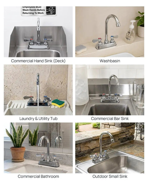 Heavy Duty Commercial Gooseneck Faucet Deck Mount Two Handle Solid Brass Build Chrome Finish Rust Resistant Kitchen Bath Sink Fixture Built Different For The Long Haul in various sinks.