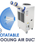 Built Tough Portable Air Conditioner With Bulky 14L Tank And Easy Roll Caster Wheels For Heavy Duty Spot Cooling In Warehouses Workshops And Clinics 110V 1800W Mobile Cooler Rig with dual rotatable air ducts.