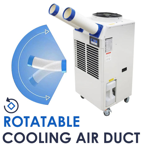Built Tough Portable Air Conditioner With Bulky 14L Tank And Easy Roll Caster Wheels For Heavy Duty Spot Cooling In Warehouses Workshops And Clinics 110V 1800W Mobile Cooler Rig with dual rotatable air ducts.