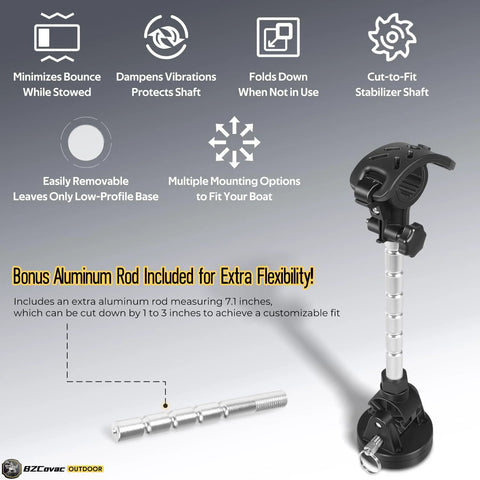 Electric trolling motor stabilizer mount with low-profile base and screws; includes extra adjustable aluminum rod