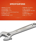 10 Inch Adjustable Wrench With Large Knurl And Hex Jaw, Chrome Plated To Resist Rust, Pro Grade Mechanical Tool Specs Displayed