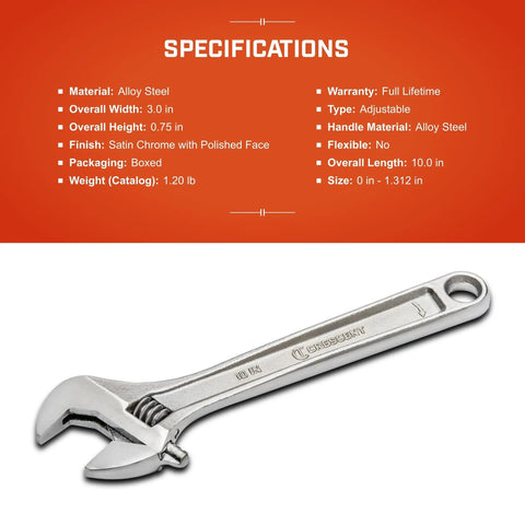 10 Inch Adjustable Wrench With Large Knurl And Hex Jaw, Chrome Plated To Resist Rust, Pro Grade Mechanical Tool Specs Displayed