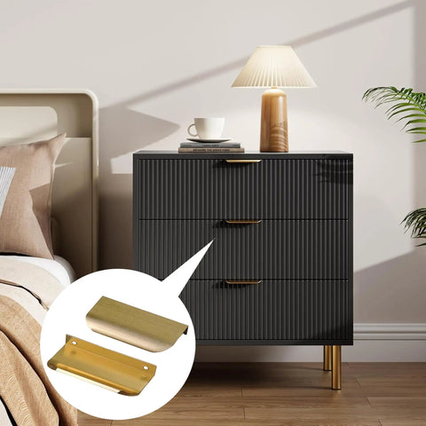 Bedroom cabinet with Gold Adhesive Edge Finger Pulls for Cabinets, 3.15 Inch No Drill Hidden Finger Pulls installed, lamp and plant nearby