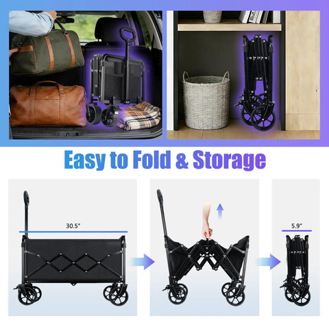 Foldable Heavy Duty Wagon Cart With 360 Swivel Wheels And Brakes, compactly folded for storage in car trunk and shelf.