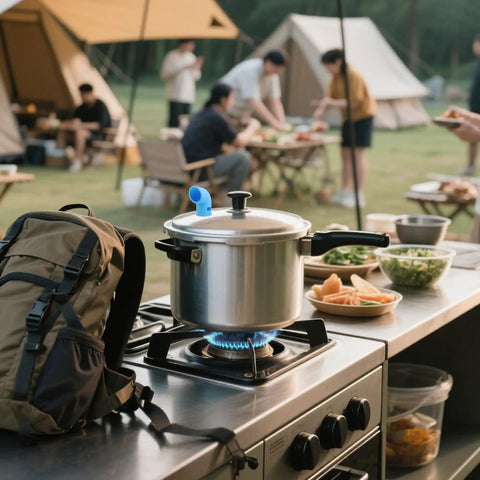 Silicone Steam Diverter For Pressure Cooker High Temperature Resistant Exhaust Vent Tube in use on a camping stove setup