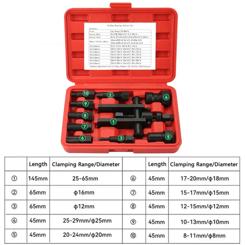 Universal Internal Bearing Puller Tool Kit Fits Motorcycles Cars Bikes 8mm To 29mm Range With Secure Non Slip Grip For Removal Of Bearings For Mechanics Or Diy Guys Who Get Job Done Fast Without Hassle Using Quality Gear That Holds Firm. Red case with 10 steel puller pieces