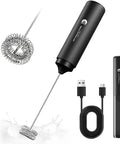 Usb Rechargeable Milk Frother Handheld 2 In 1 Dual Spring Whisk Electric Frother Wand shown with USB cable and detachable whisk