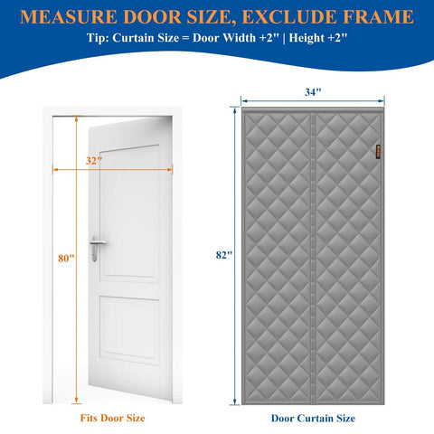 Diagram of magnetic thermal insulated door curtain fits 32 x 80 inch door curtain size 34 x 82 inches five layer grey