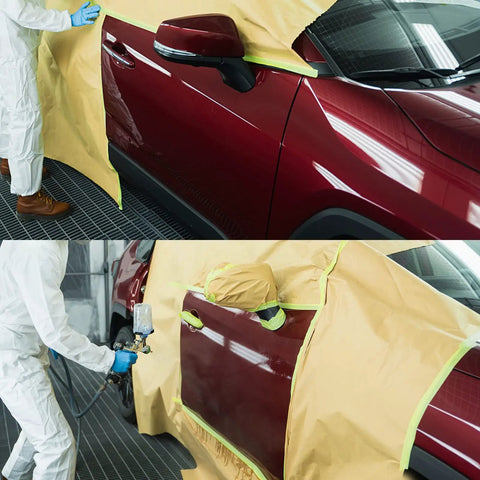 Pre Taped Masking Paper For Painting 12 Inch By 50 Foot 2 In 1 Tape And Drape Painters Paper Roll applied on car for auto body work