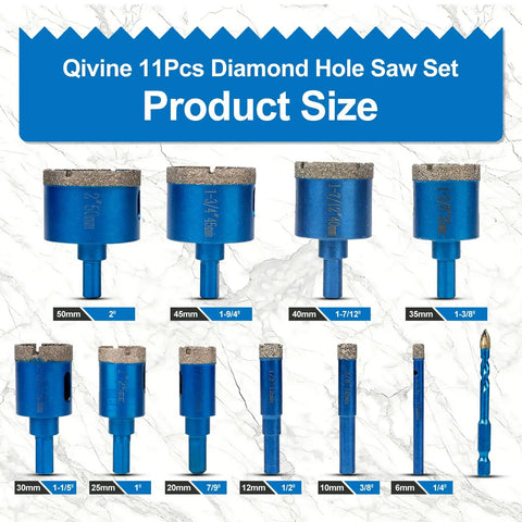 Premium Diamond Hole Saw Kit With Brazed Serrated Teeth, different sizes from 6mm to 50mm for tile and masonry cutting.