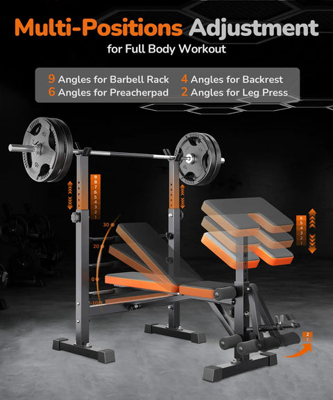 Six In One Weight Bench Set With Leg Press Preacher Curl Rack Adjustable Workout Bench And Squat Rack with angle settings.
