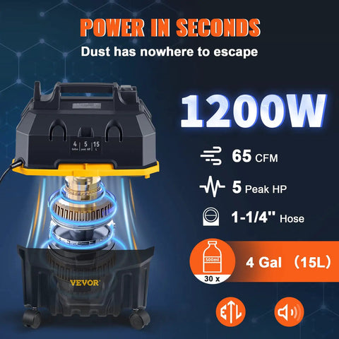 Workhorse 4 Gallon Wet Dry Vacuum With 5 Peak HP Motor Quiet Yet Mighty Suction 65 CFM Airflow Built In Blower 3 In 1 Crevice Nozzle And All Purpose Attachments For Car Debris Pet Hair Carpet Or Garage Cleanup Black And Yellow