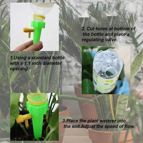 24 Pack Self Watering Spikes For Plants Automatic Indoor Plant Waterer With Adjustable Drip Valve shown in use