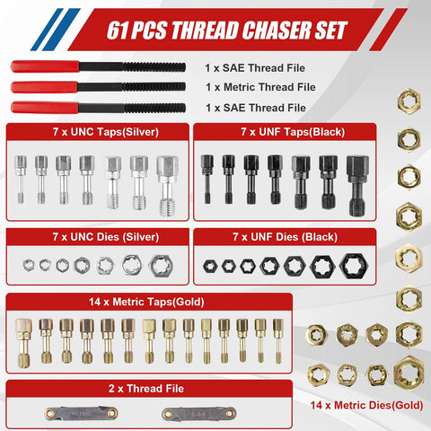 61-piece thread repair kit with UNC/UNF/metric taps and dies; includes thread files and pitch gauge.