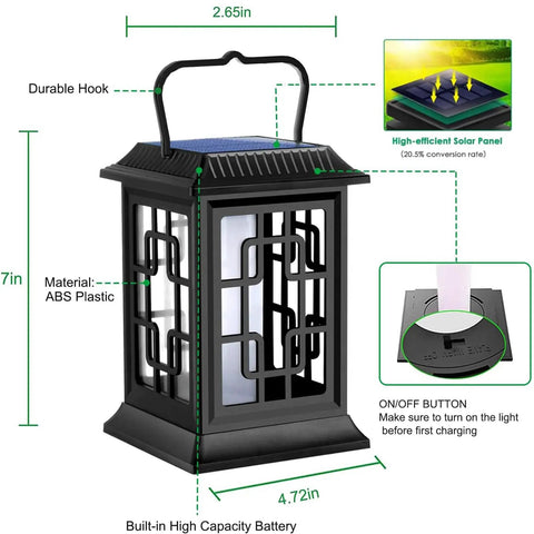 Waterproof Solar Lanterns For Garden And Patio, 7-inch ABS plastic lantern with durable hook, solar panel, and switch.